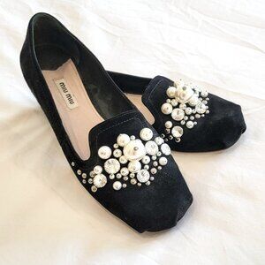 Black Suede with Pearl and Jewel Miu Miu Slipper Loafers